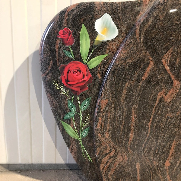 Photo incrustée à fleur de granit sur monument funéraire, travail fait main et sur mesure
